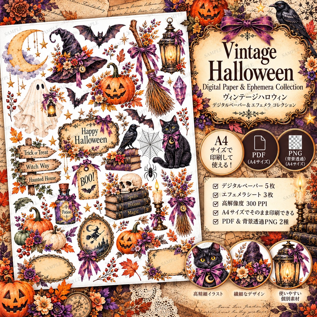 ヴィンテージハロウィン デジタルペーパー&エフェメラ コレクション
