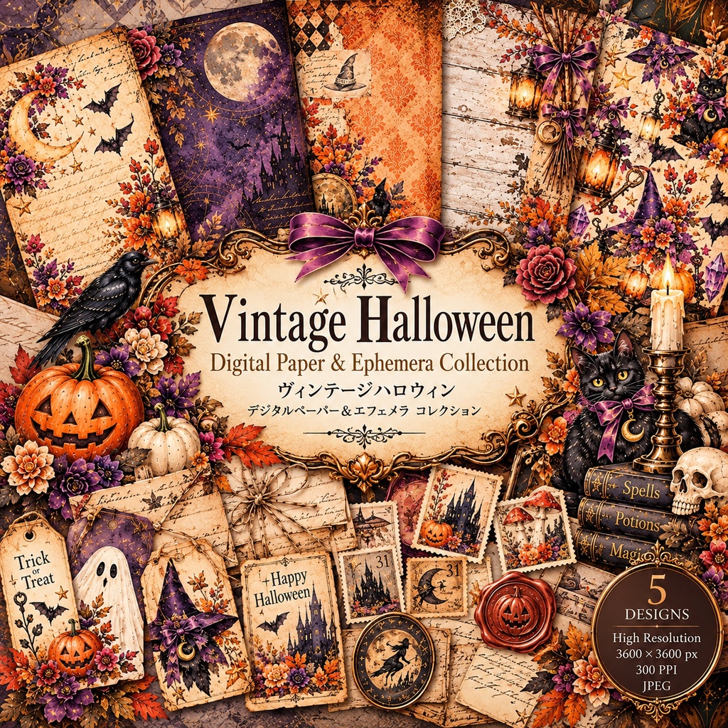 ヴィンテージハロウィン デジタルペーパー＆エフェメラ コレクション　