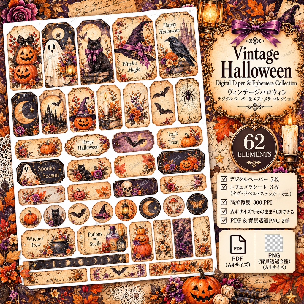 ヴィンテージハロウィン デジタルペーパー&エフェメラ コレクション