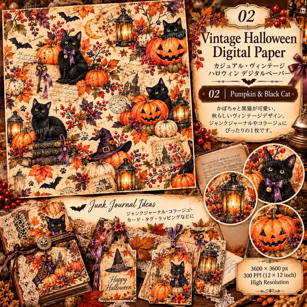 ヴィンテージハロウィン デジタルペーパー 8枚|Halloween Digital Paper|Junk Journal・コラージュ素材