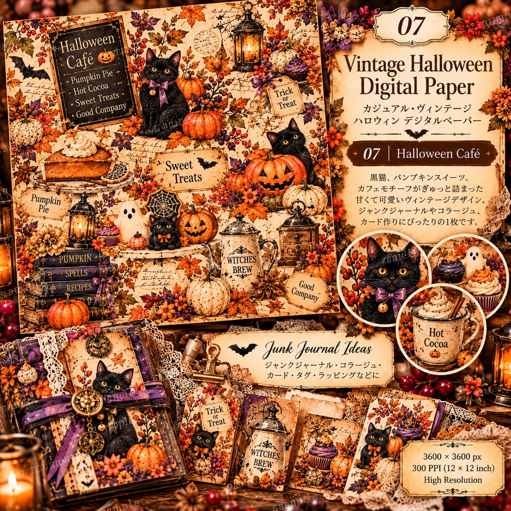 ヴィンテージハロウィン デジタルペーパー 8枚|Halloween Digital Paper|Junk Journal・コラージュ素材