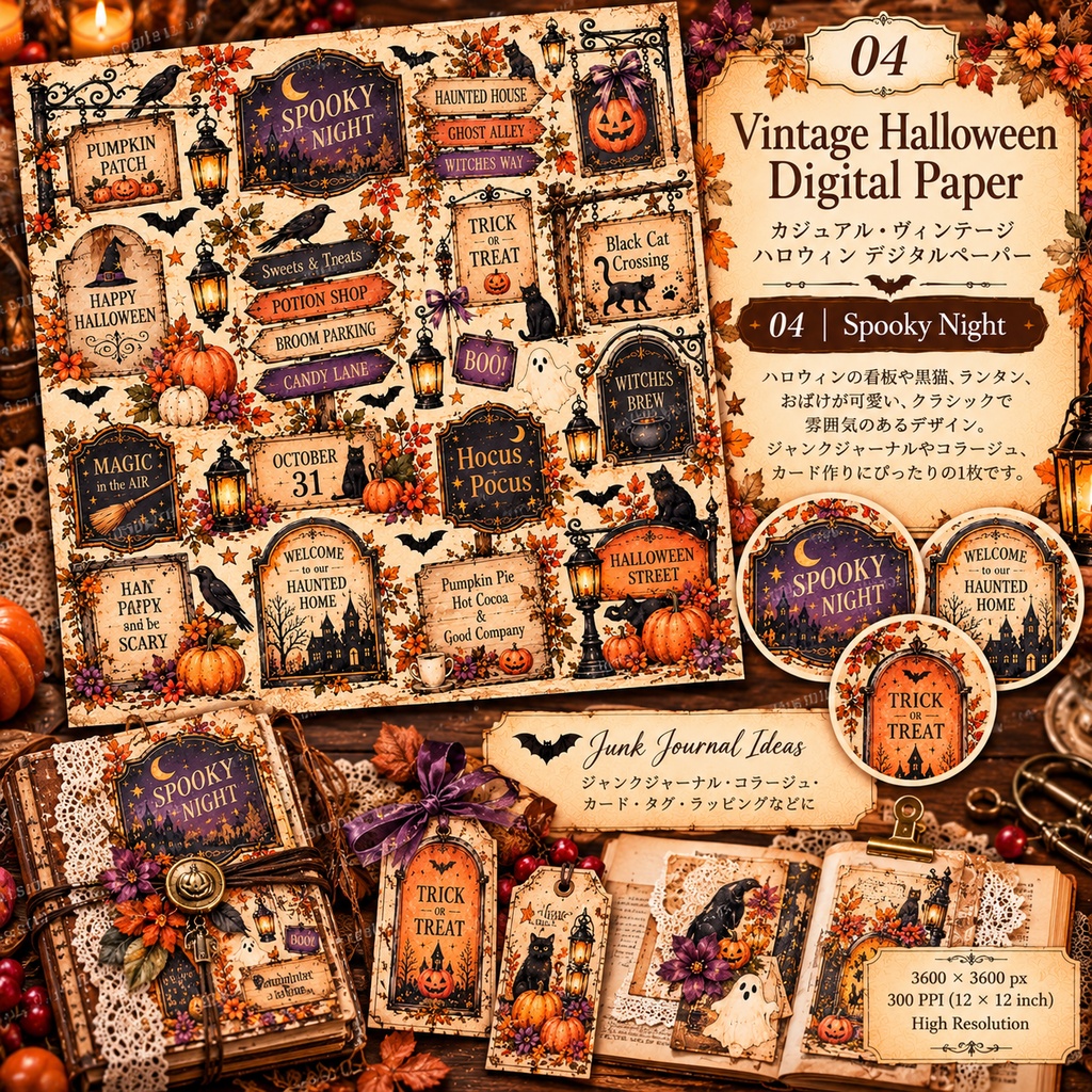 ヴィンテージハロウィン デジタルペーパー 8枚|Halloween Digital Paper|Junk Journal・コラージュ素材