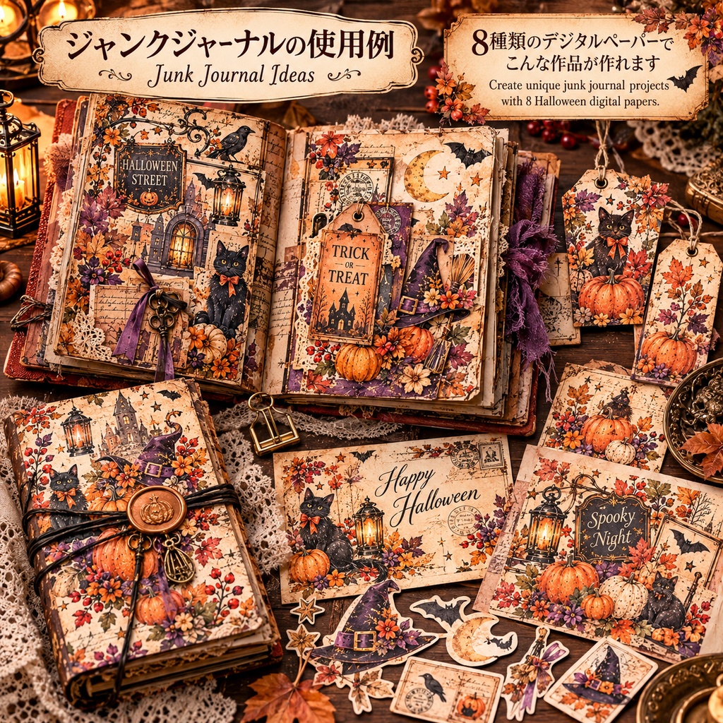 ヴィンテージハロウィン デジタルペーパー 8枚|Halloween Digital Paper|Junk Journal・コラージュ素材