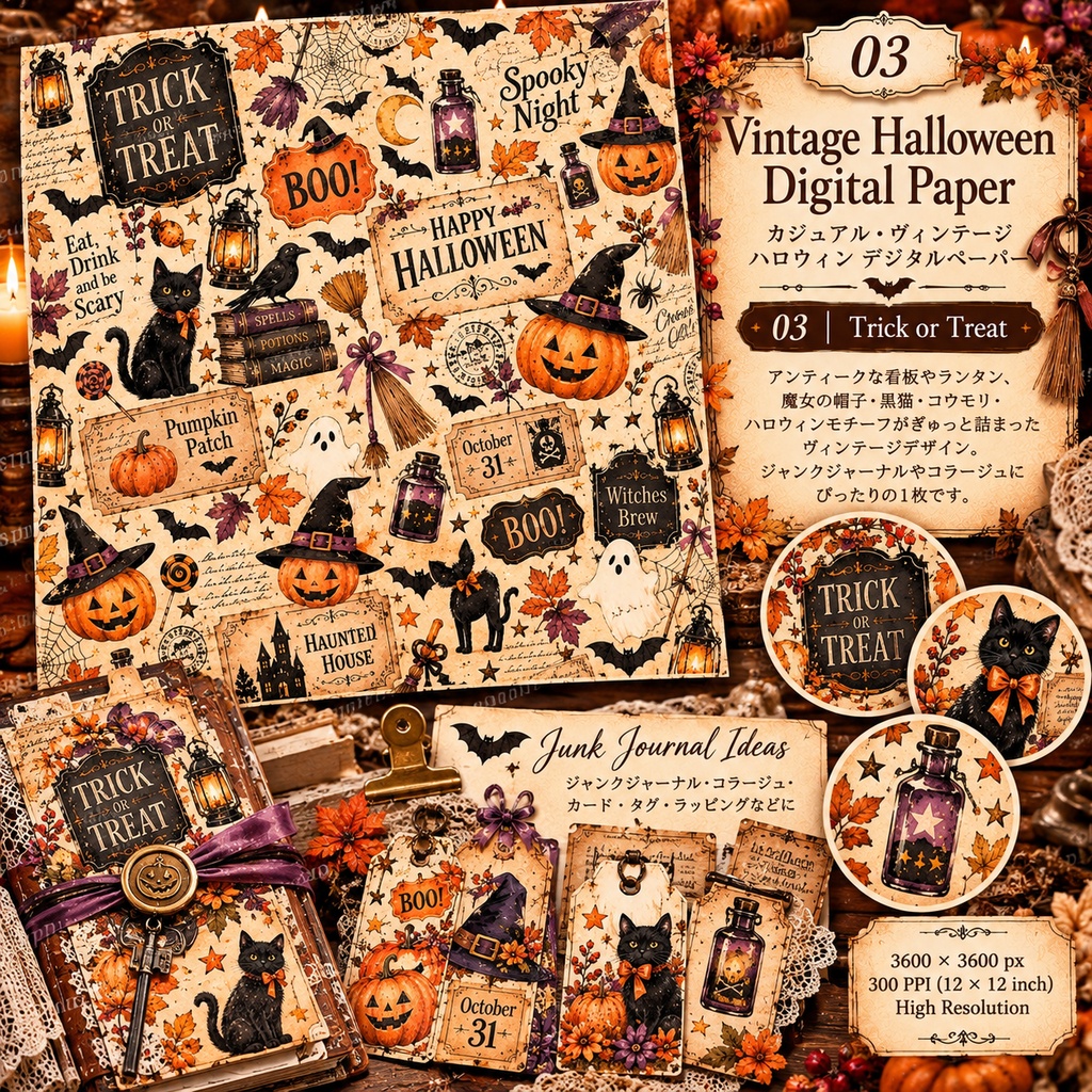 ヴィンテージハロウィン デジタルペーパー 8枚|Halloween Digital Paper|Junk Journal・コラージュ素材
