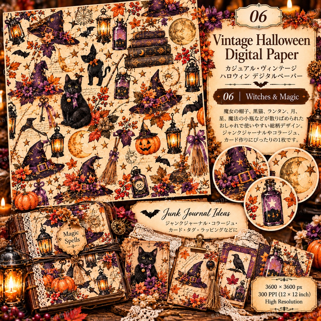 ヴィンテージハロウィン デジタルペーパー 8枚|Halloween Digital Paper|Junk Journal・コラージュ素材