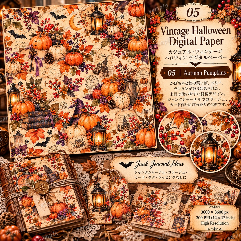 ヴィンテージハロウィン デジタルペーパー 8枚|Halloween Digital Paper|Junk Journal・コラージュ素材