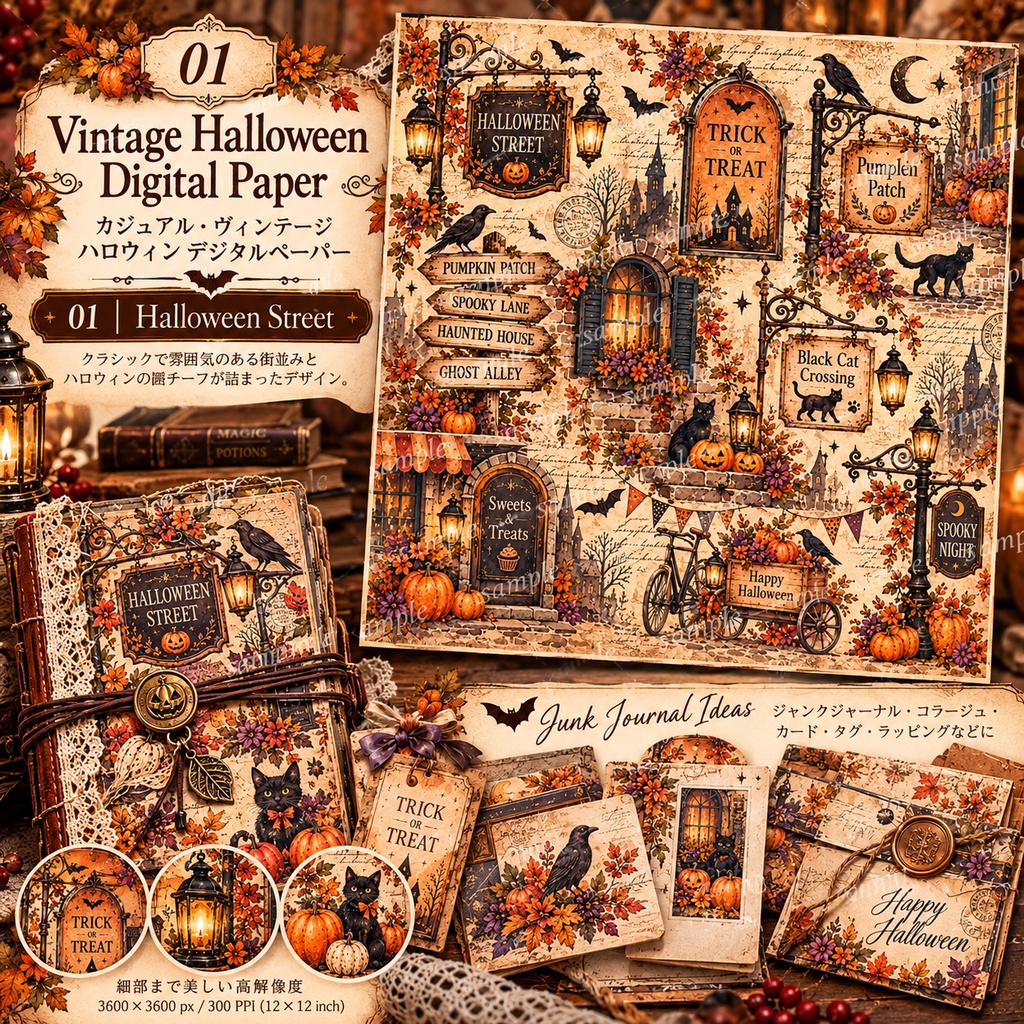 ヴィンテージハロウィン デジタルペーパー 8枚|Halloween Digital Paper|Junk Journal・コラージュ素材
