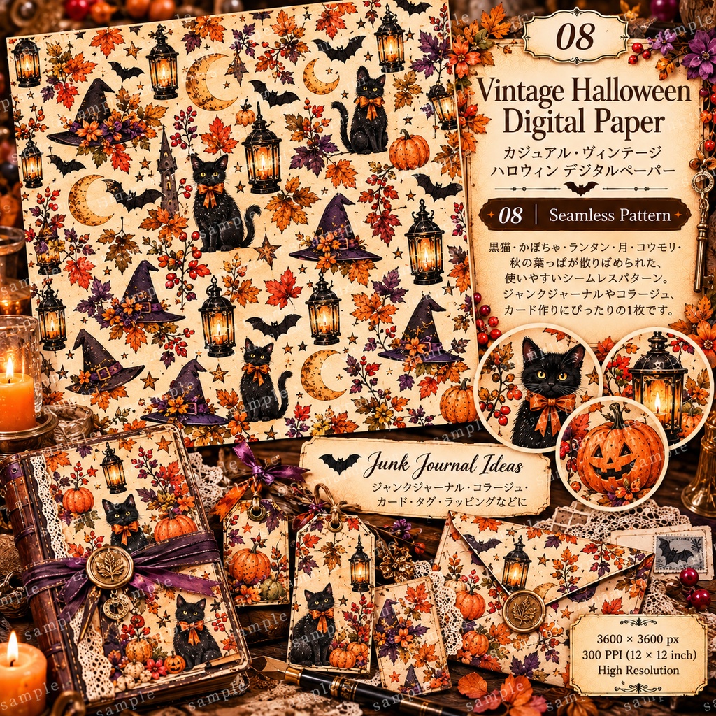 ヴィンテージハロウィン デジタルペーパー 8枚|Halloween Digital Paper|Junk Journal・コラージュ素材