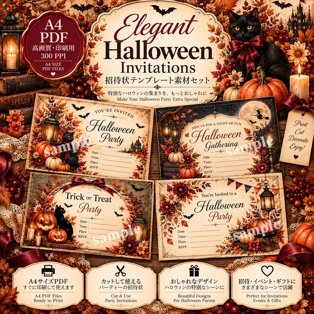 Elegant Halloween Party & Gift Kit|背景8種+ギフトタグ・カード・招待状・ラベル・パーティー素材