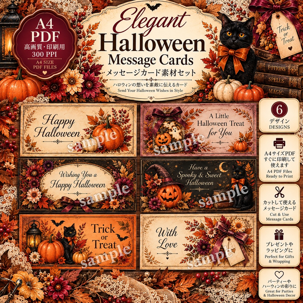 Elegant Halloween Party & Gift Kit|背景8種+ギフトタグ・カード・招待状・ラベル・パーティー素材