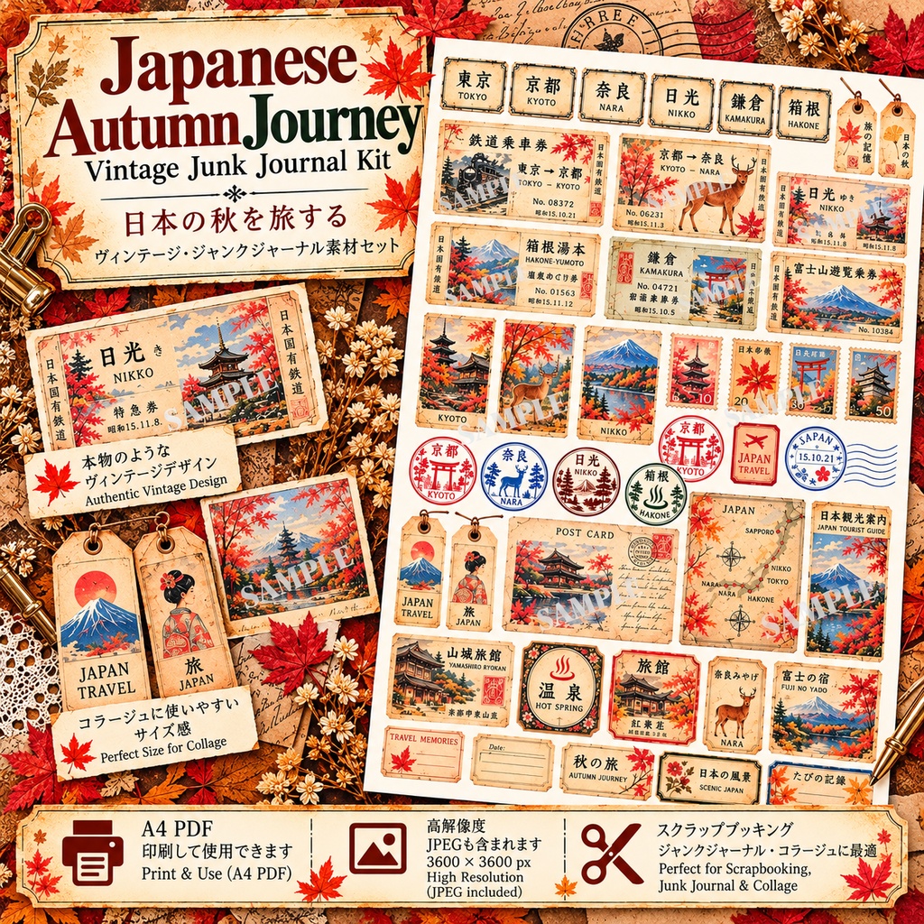 日本の秋を旅する ヴィンテージ・ジャンクジャーナル素材セット|秋の風景・紅葉・旅行素材|デジタル素材
