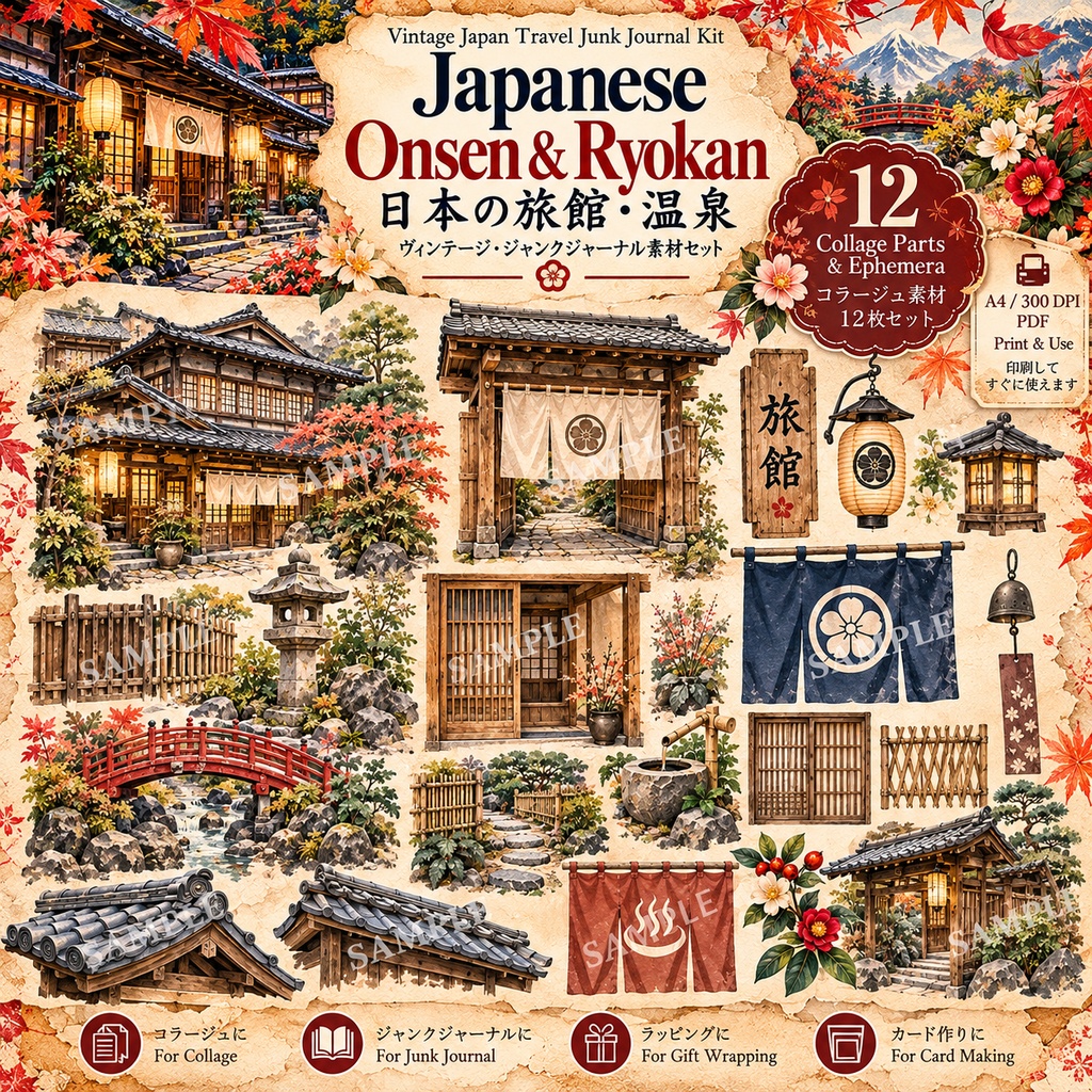Japanese Onsen & Ryokan|日本の旅館・温泉 ヴィンテージ・ジャンクジャーナル素材セット|背景8枚+コラージュ12枚