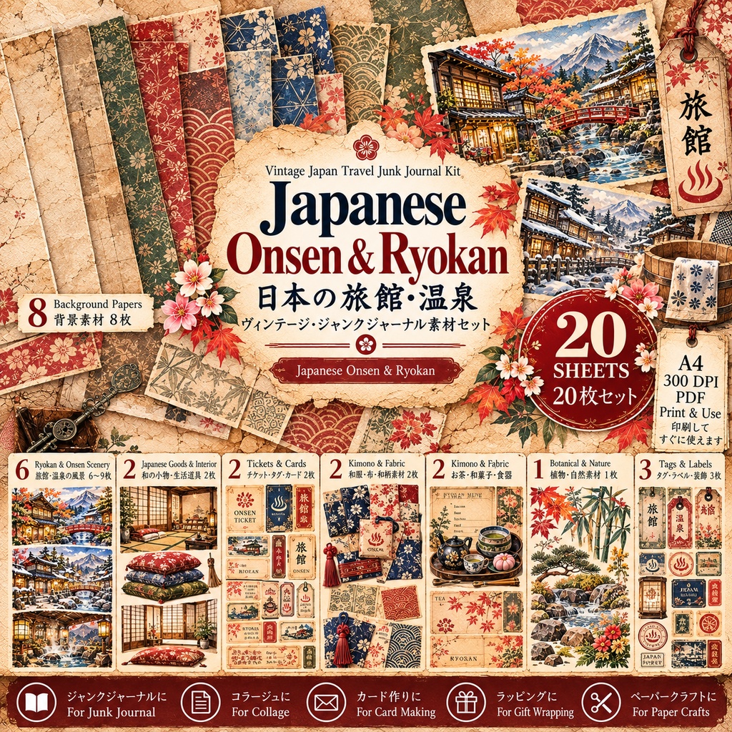 Japanese Onsen & Ryokan|日本の旅館・温泉 ヴィンテージ・ジャンクジャーナル素材セット|背景8枚+コラージュ12枚