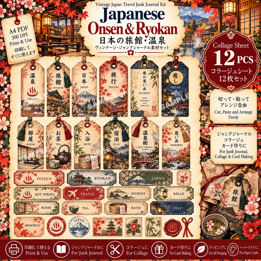 Japanese Onsen & Ryokan|日本の旅館・温泉 ヴィンテージ・ジャンクジャーナル素材セット|背景8枚+コラージュ12枚