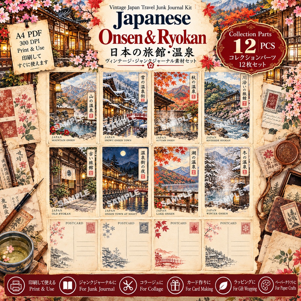 Japanese Onsen & Ryokan|日本の旅館・温泉 ヴィンテージ・ジャンクジャーナル素材セット|背景8枚+コラージュ12枚