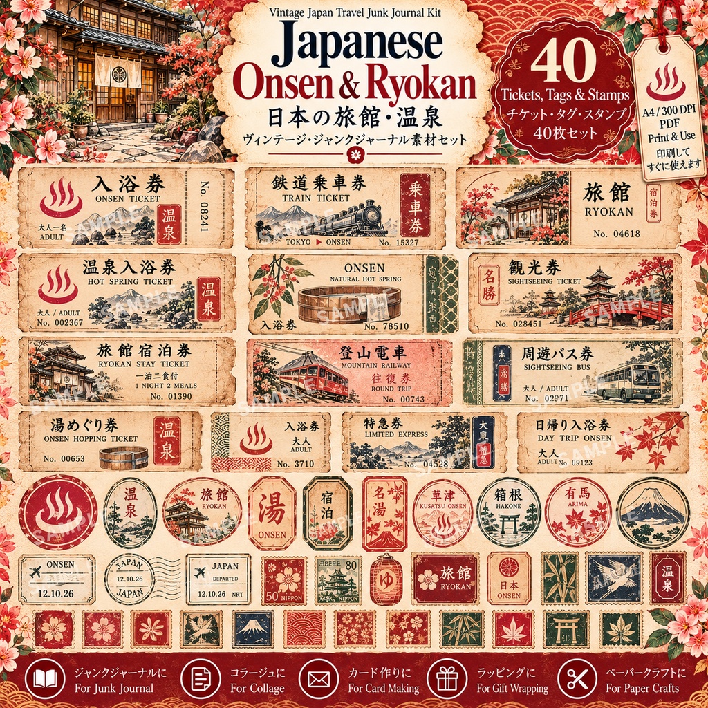 Japanese Onsen & Ryokan|日本の旅館・温泉 ヴィンテージ・ジャンクジャーナル素材セット|背景8枚+コラージュ12枚