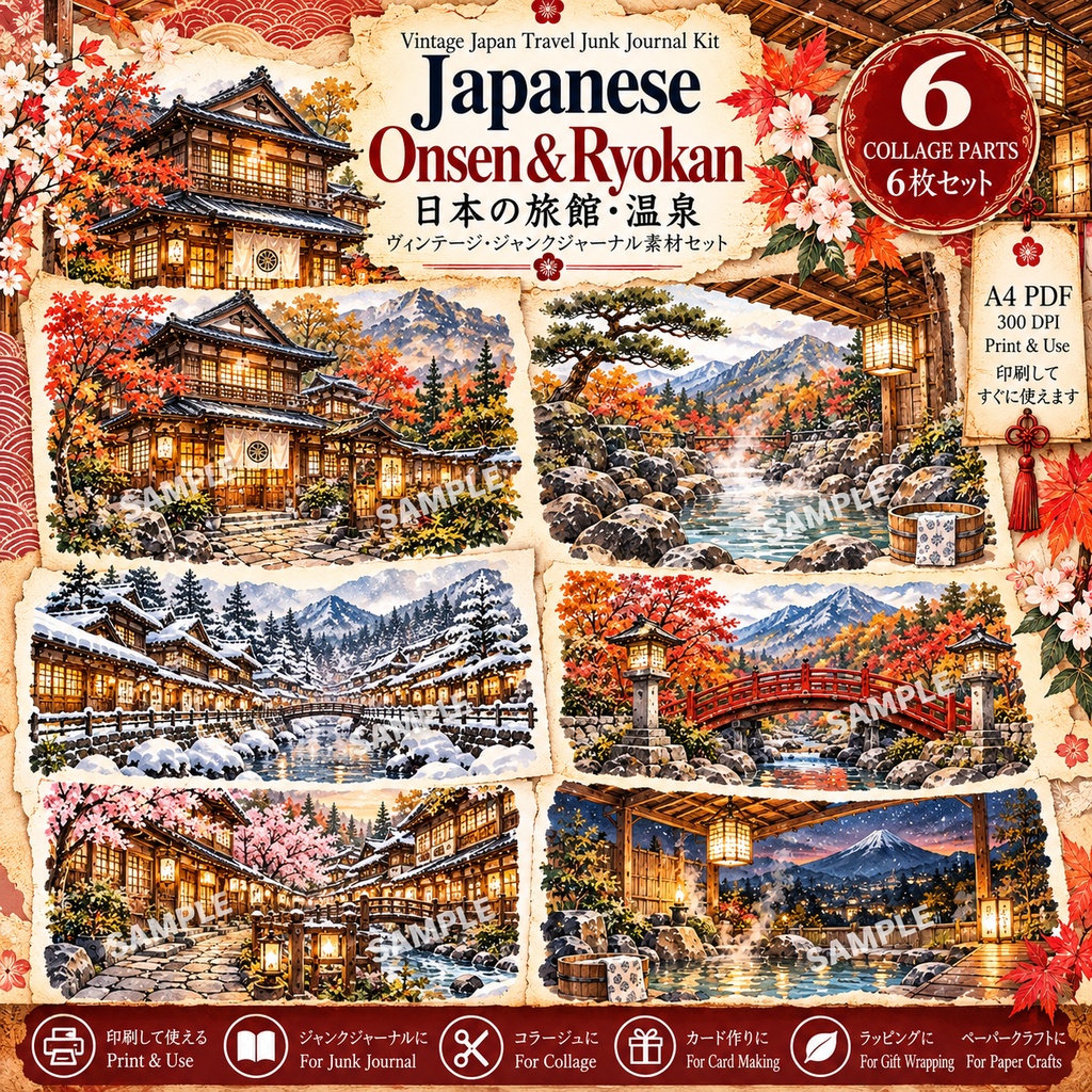 Japanese Onsen & Ryokan|日本の旅館・温泉 ヴィンテージ・ジャンクジャーナル素材セット|背景8枚+コラージュ12枚