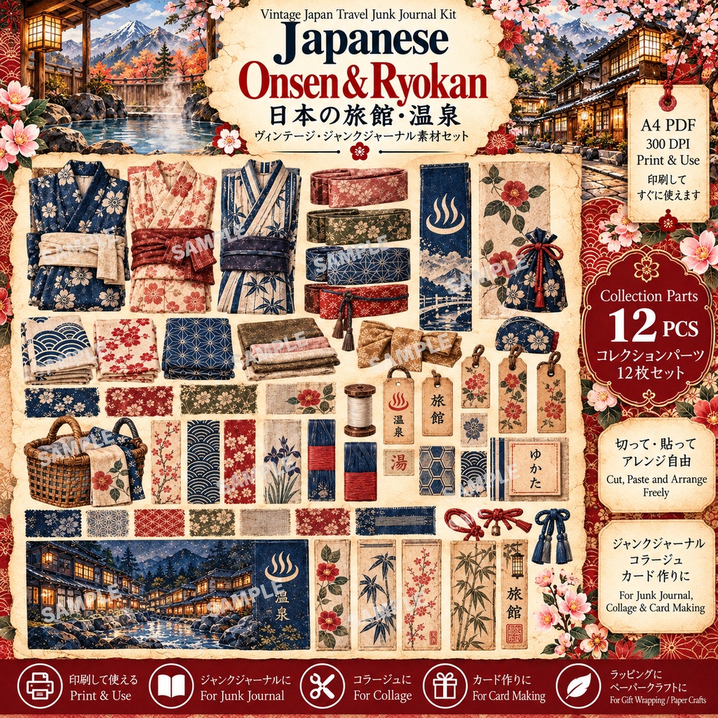 Japanese Onsen & Ryokan|日本の旅館・温泉 ヴィンテージ・ジャンクジャーナル素材セット|背景8枚+コラージュ12枚