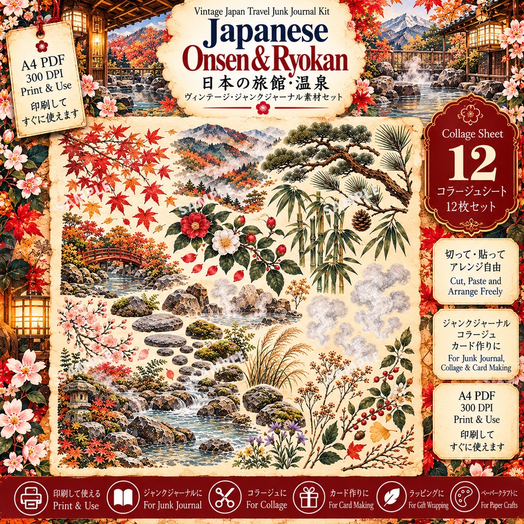Japanese Onsen & Ryokan|日本の旅館・温泉 ヴィンテージ・ジャンクジャーナル素材セット|背景8枚+コラージュ12枚