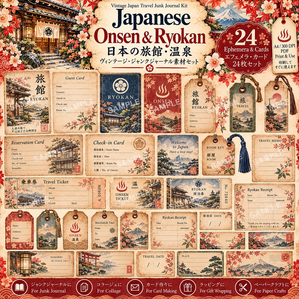 Japanese Onsen & Ryokan|日本の旅館・温泉 ヴィンテージ・ジャンクジャーナル素材セット|背景8枚+コラージュ12枚