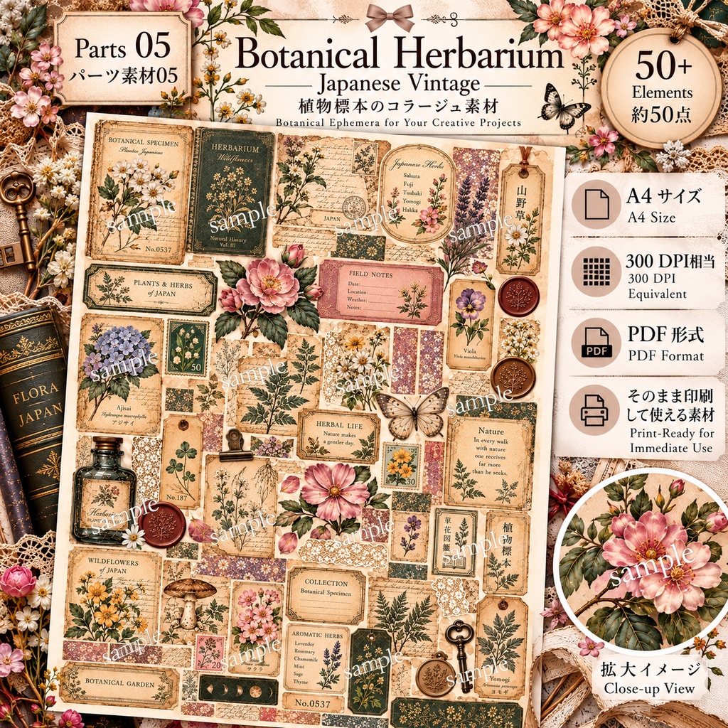 Japanese Botanical & Herbarium|ヴィンテージ植物標本 ジャンクジャーナル素材集