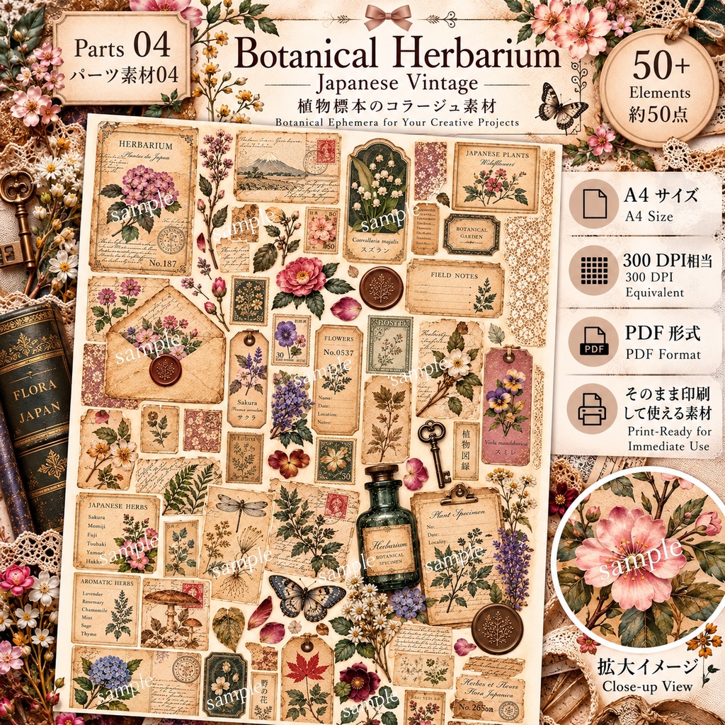 Japanese Botanical & Herbarium|ヴィンテージ植物標本 ジャンクジャーナル素材集
