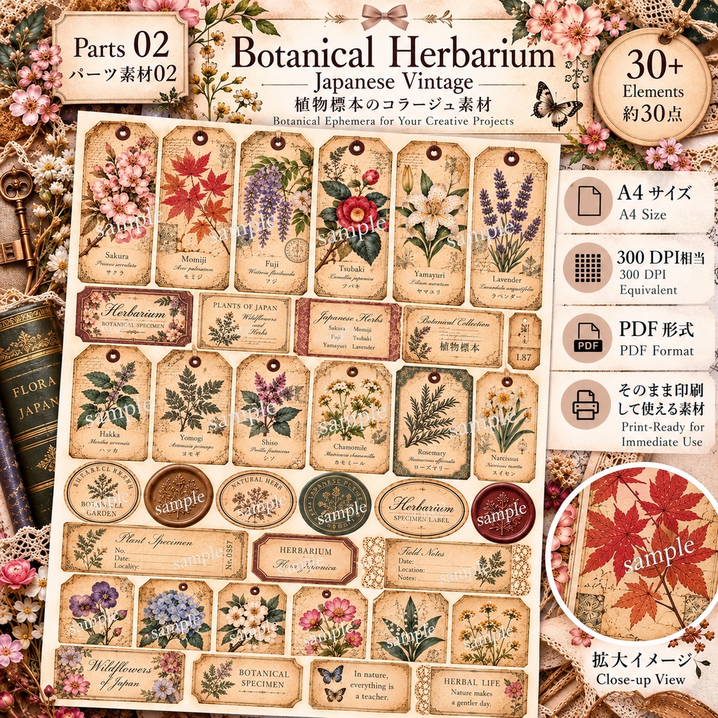 Japanese Botanical & Herbarium|ヴィンテージ植物標本 ジャンクジャーナル素材集