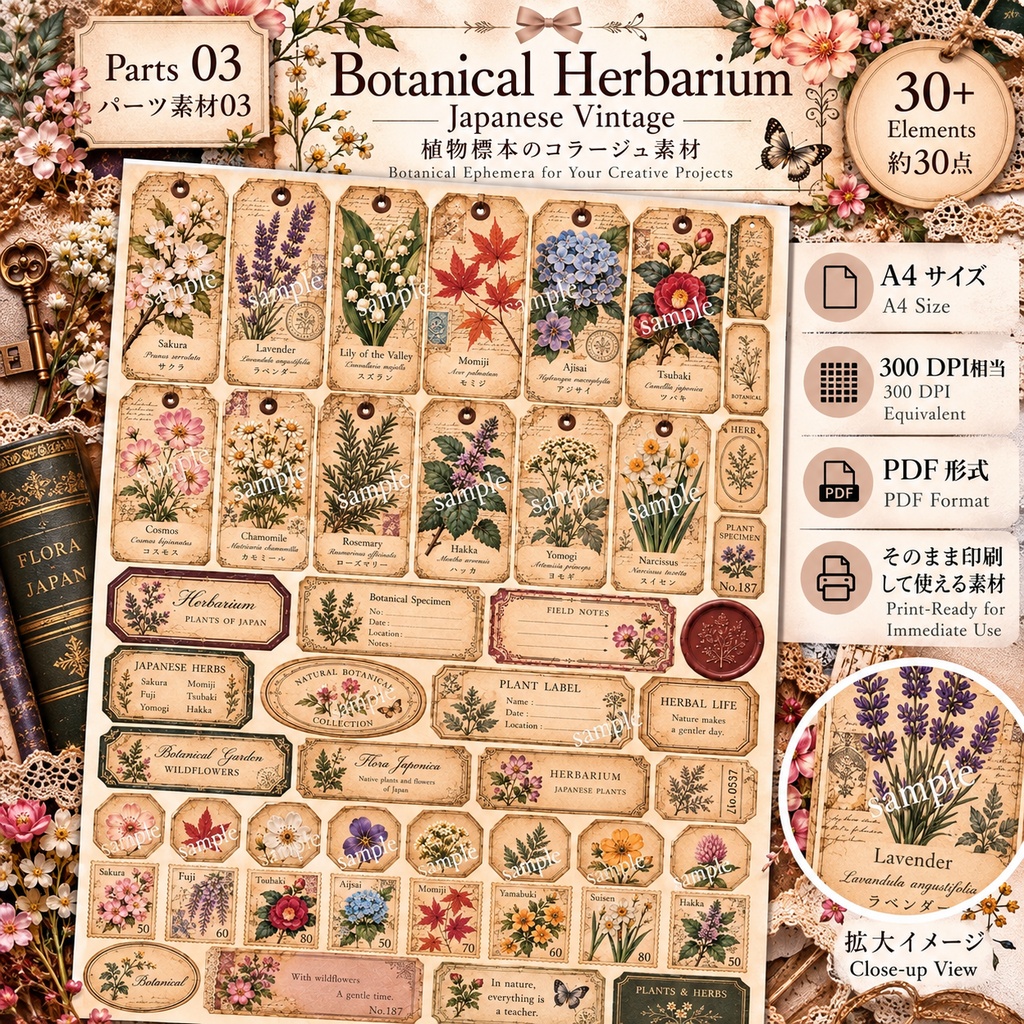 Japanese Botanical & Herbarium|ヴィンテージ植物標本 ジャンクジャーナル素材集