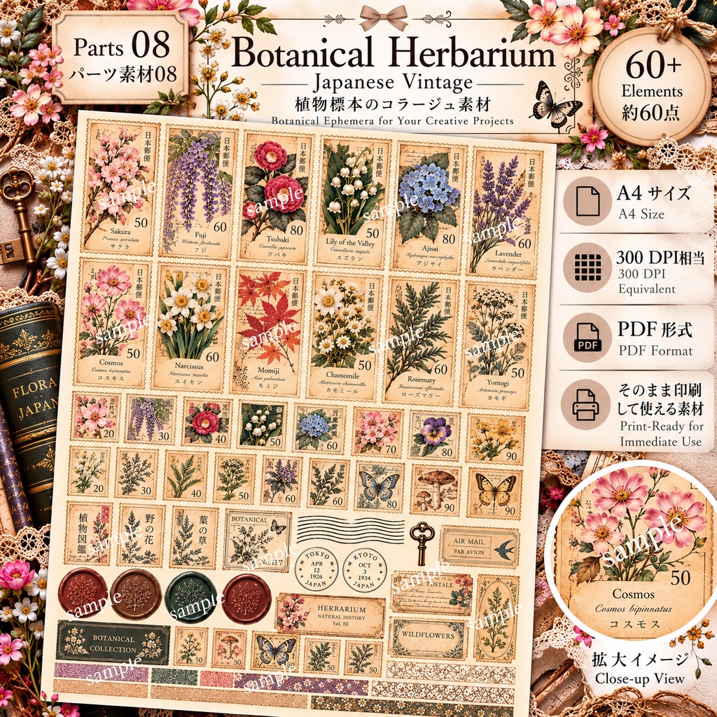 Japanese Botanical & Herbarium|ヴィンテージ植物標本 ジャンクジャーナル素材集