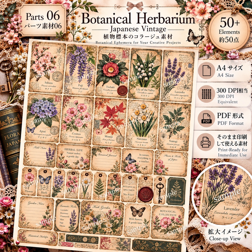 Japanese Botanical & Herbarium|ヴィンテージ植物標本 ジャンクジャーナル素材集