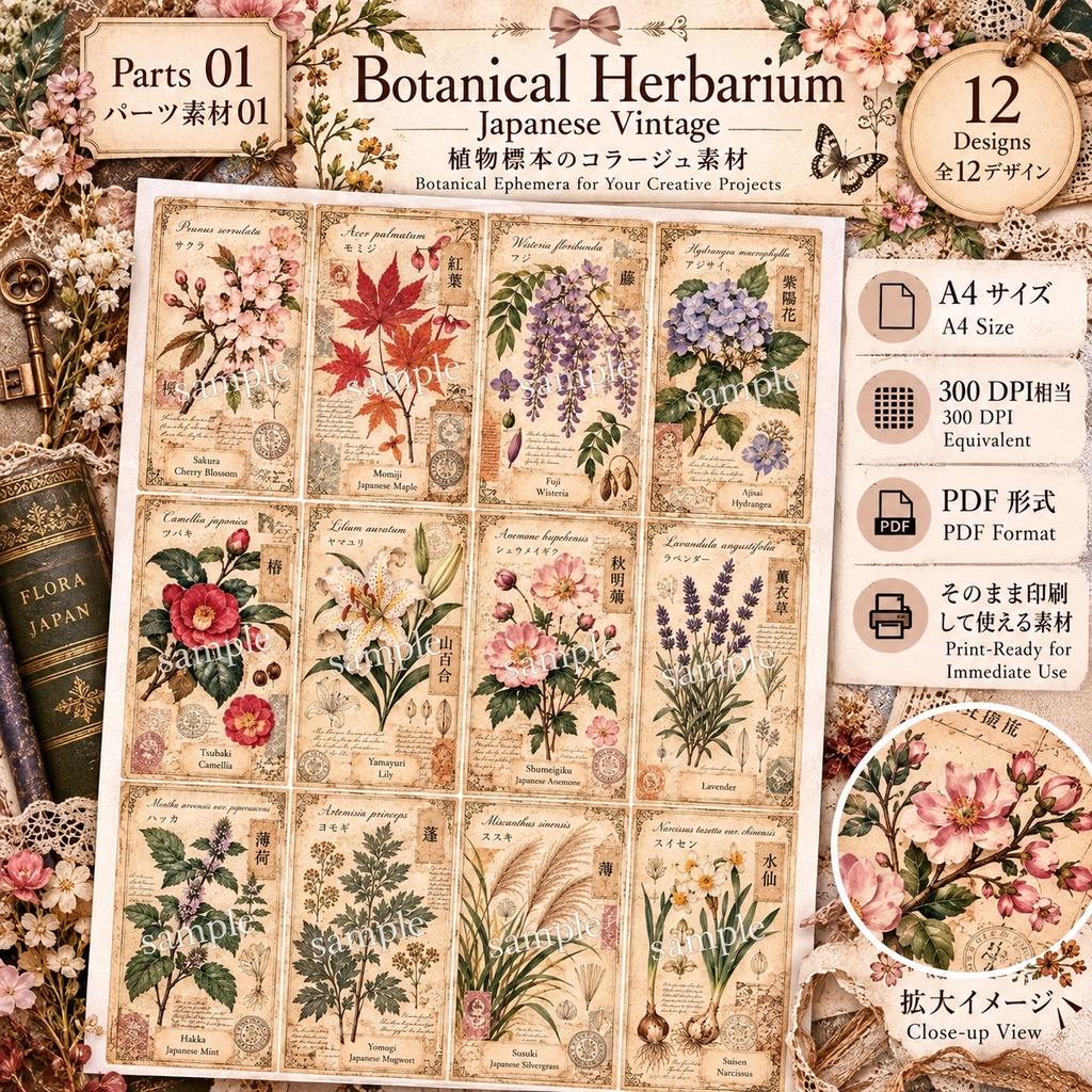 Japanese Botanical & Herbarium|ヴィンテージ植物標本 ジャンクジャーナル素材集