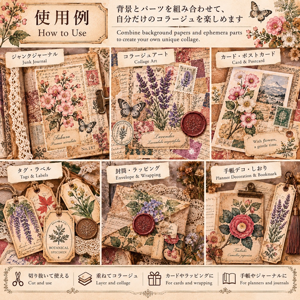 Japanese Botanical & Herbarium|ヴィンテージ植物標本 ジャンクジャーナル素材集