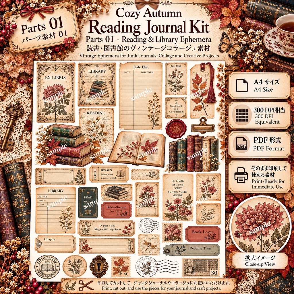 Cozy Reading Journal|秋の読書時間 ヴィンテージデジタル素材セット