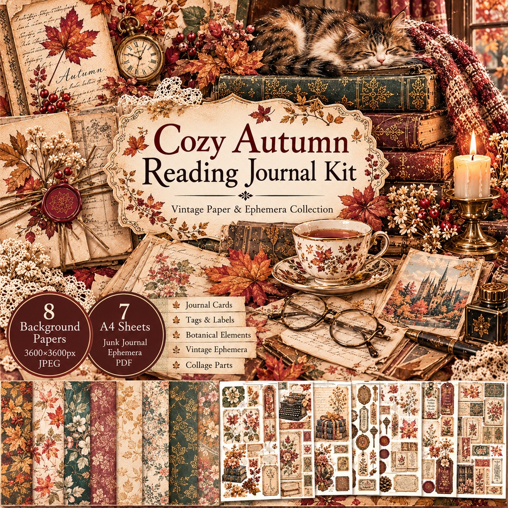 Cozy Reading Journal|秋の読書時間 ヴィンテージデジタル素材セット