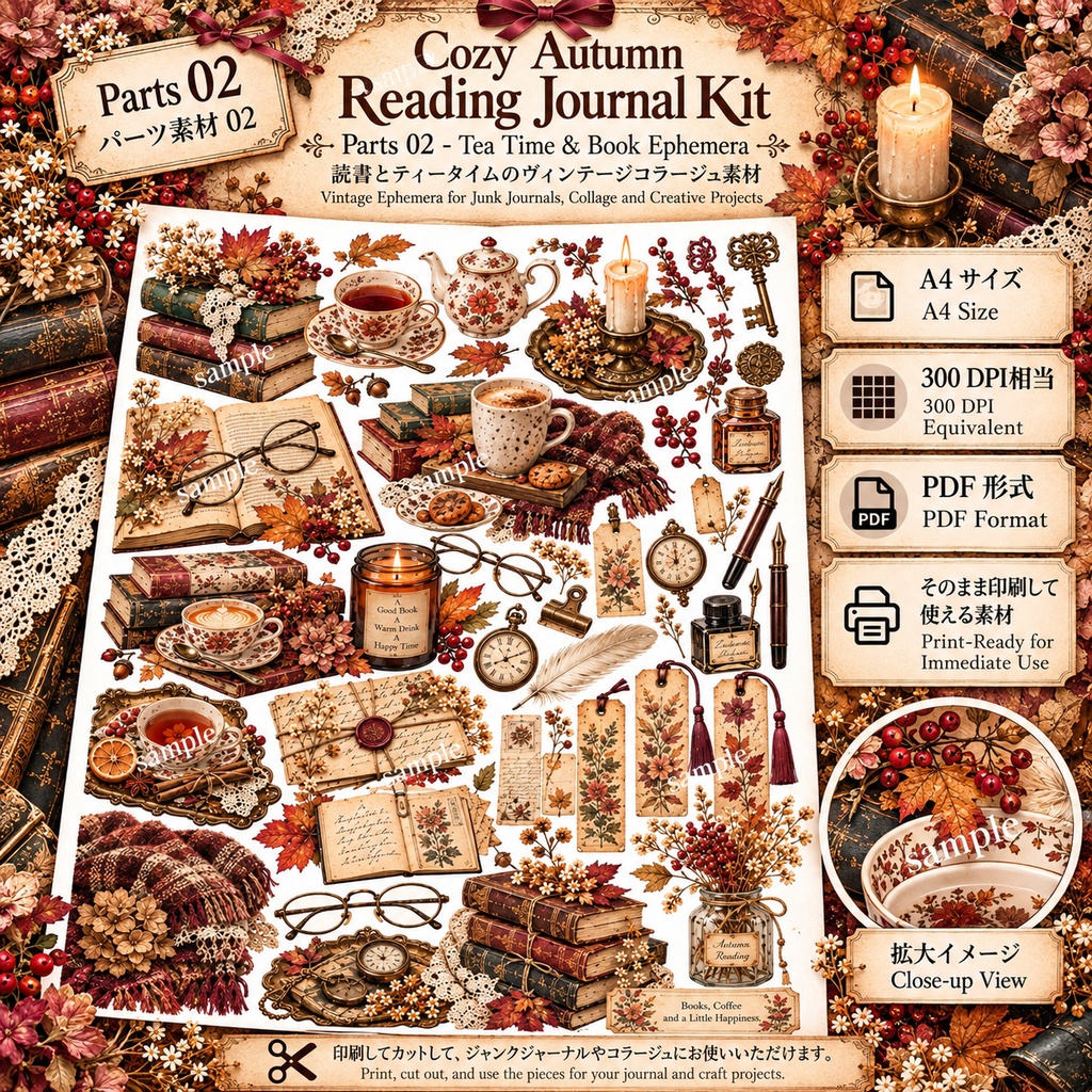 Cozy Reading Journal|秋の読書時間 ヴィンテージデジタル素材セット