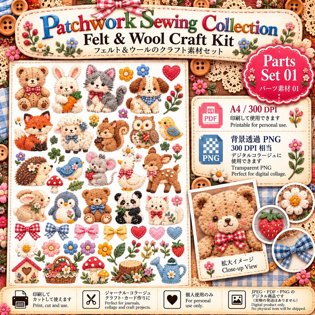 Patchwork Sewing Collection|Felt & Wool Craft Kit|フェルト&ウール デジタル素材セット