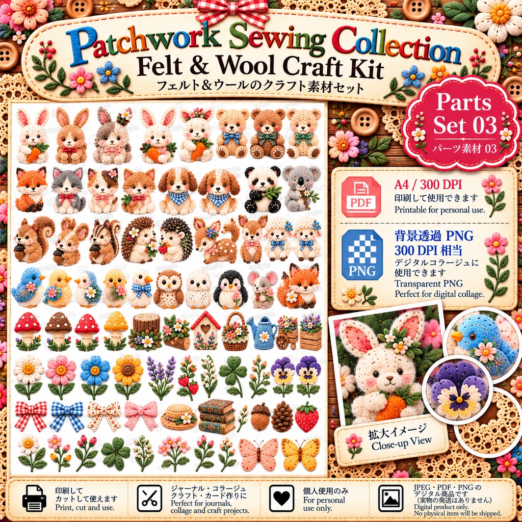 Patchwork Sewing Collection|Felt & Wool Craft Kit|フェルト&ウール デジタル素材セット