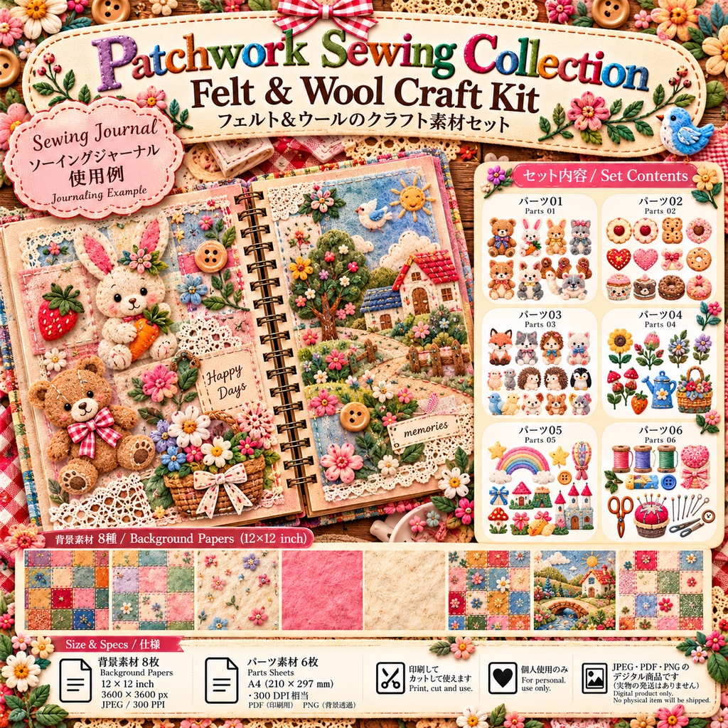 Patchwork Sewing Collection｜Felt & Wool Craft Kit｜フェルト＆ウール デジタル素材セット