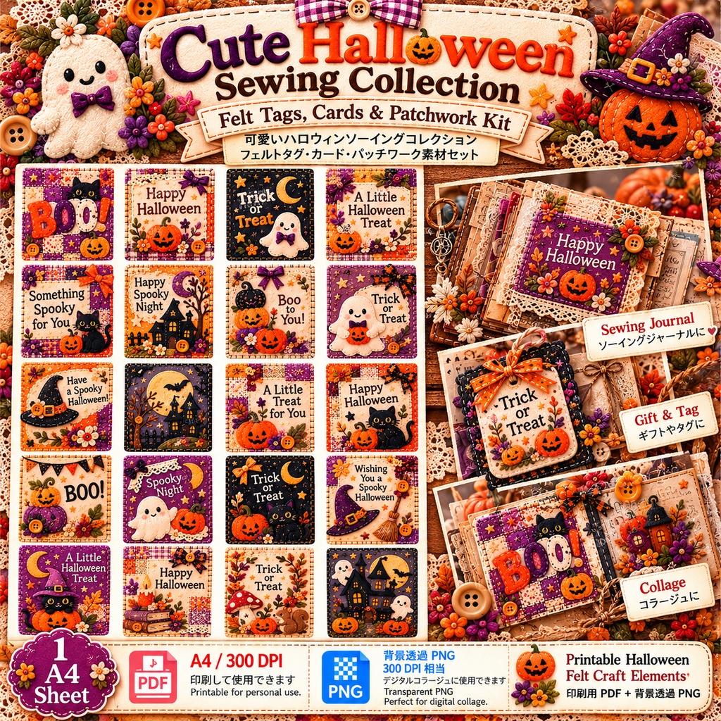 Cute Halloween Sewing Collection|Felt Tags, Cards & Patchwork Kit 可愛いハロウィンソーイングコレクション|フェルトタグ・カード・パッチワーク素材セット