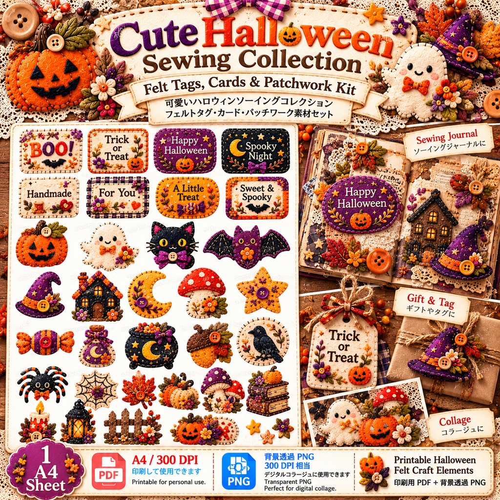 Cute Halloween Sewing Collection|Felt Tags, Cards & Patchwork Kit 可愛いハロウィンソーイングコレクション|フェルトタグ・カード・パッチワーク素材セット
