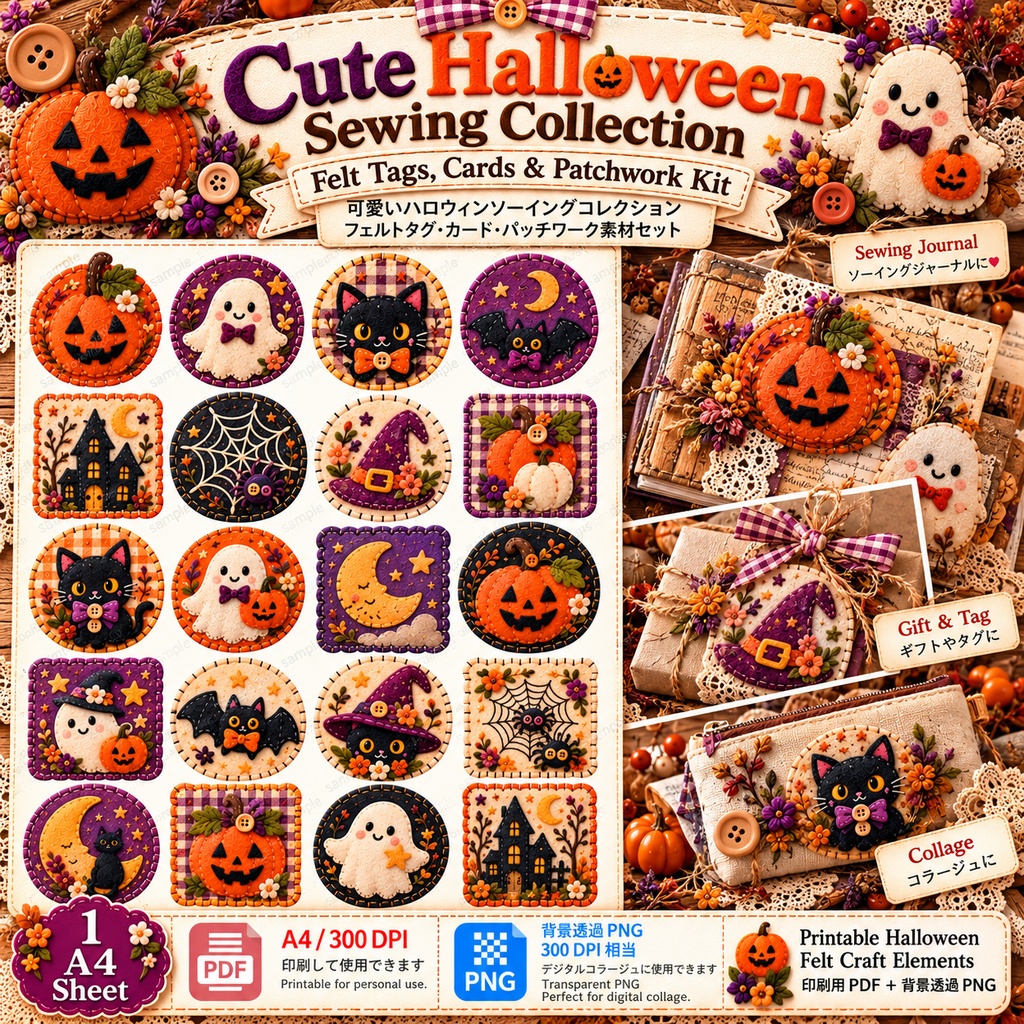Cute Halloween Sewing Collection|Felt Tags, Cards & Patchwork Kit 可愛いハロウィンソーイングコレクション|フェルトタグ・カード・パッチワーク素材セット