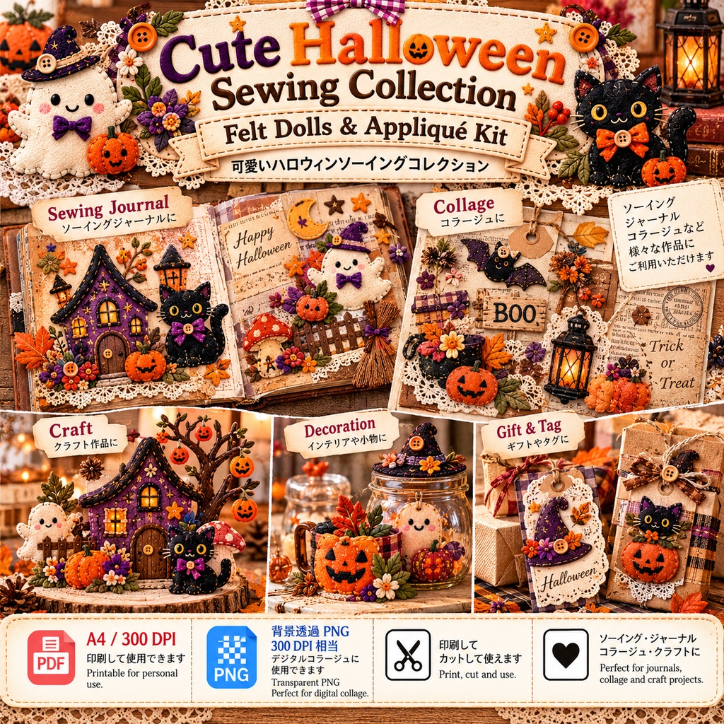 Cute Halloween Sewing Collection｜Felt Tags, Cards & Patchwork Kit 可愛いハロウィンソーイングコレクション｜フェルトタグ・カード・パッチワーク素材セット
