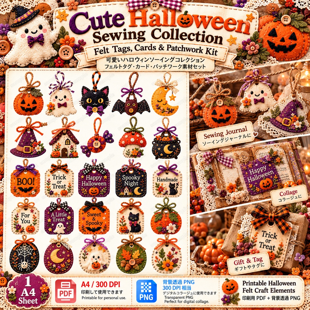 Cute Halloween Sewing Collection|Felt Tags, Cards & Patchwork Kit 可愛いハロウィンソーイングコレクション|フェルトタグ・カード・パッチワーク素材セット