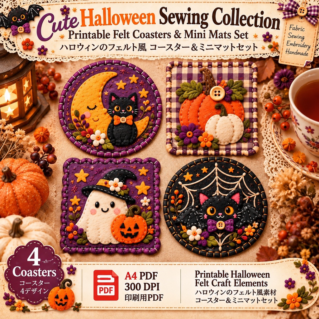 Cute Halloween Sewing Collection|Printable Felt Coasters & Mini Mats Set 可愛いハロウィンソーイングコレクション|フェルト風コースター&ミニマットセット