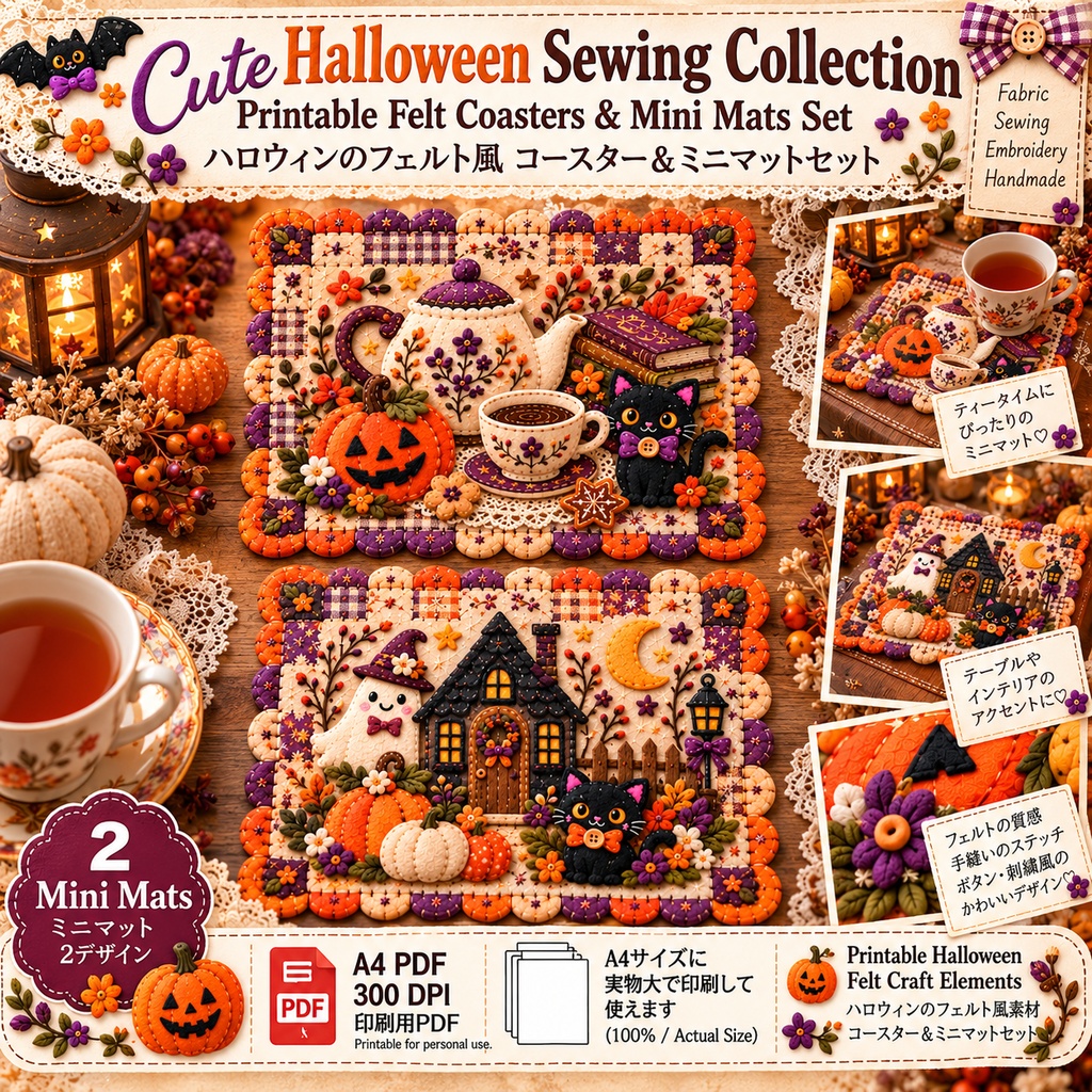 Cute Halloween Sewing Collection|Printable Felt Coasters & Mini Mats Set 可愛いハロウィンソーイングコレクション|フェルト風コースター&ミニマットセット