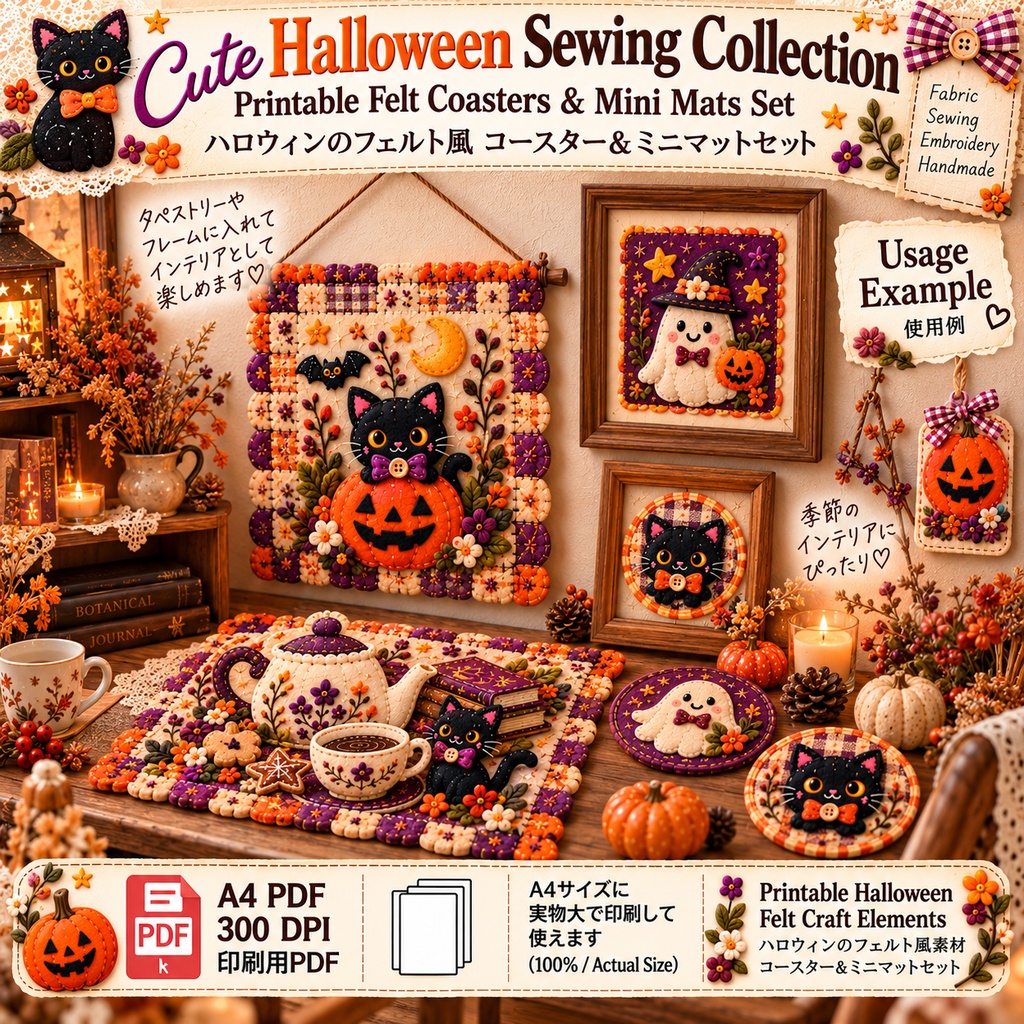 Cute Halloween Sewing Collection|Printable Felt Coasters & Mini Mats Set 可愛いハロウィンソーイングコレクション|フェルト風コースター&ミニマットセット