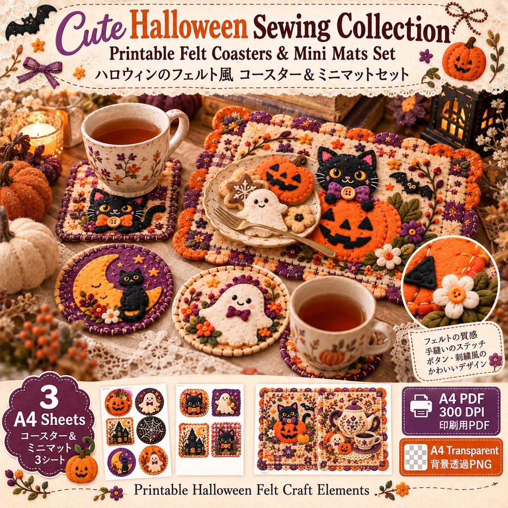 Cute Halloween Sewing Collection|Printable Felt Coasters & Mini Mats Set 可愛いハロウィンソーイングコレクション|フェルト風コースター&ミニマットセット
