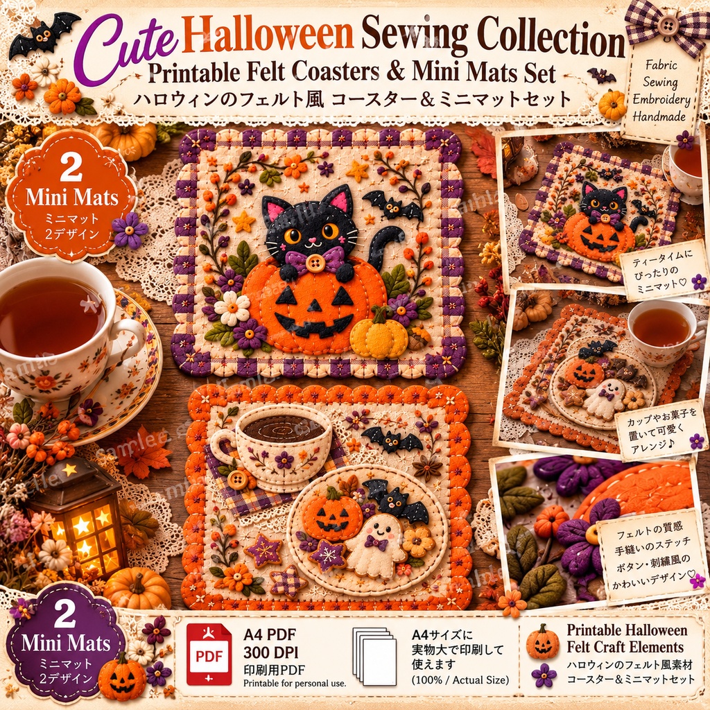 Cute Halloween Sewing Collection|Printable Felt Coasters & Mini Mats Set 可愛いハロウィンソーイングコレクション|フェルト風コースター&ミニマットセット