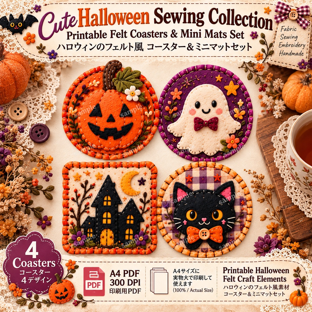 Cute Halloween Sewing Collection|Printable Felt Coasters & Mini Mats Set 可愛いハロウィンソーイングコレクション|フェルト風コースター&ミニマットセット
