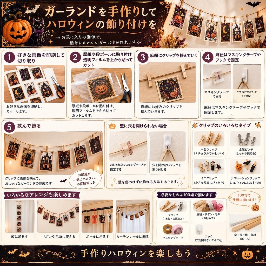 Natural Halloween Patchwork|ハロウィン刺繍&布パッチワーク 背景素材 8枚セット